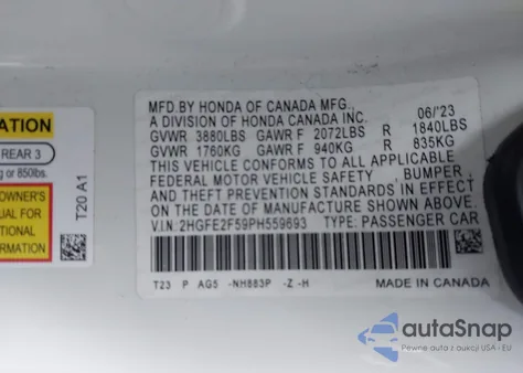 2023 Honda Civic Sport из США, поврежденный, VIN 2HGFE2F59PH559693